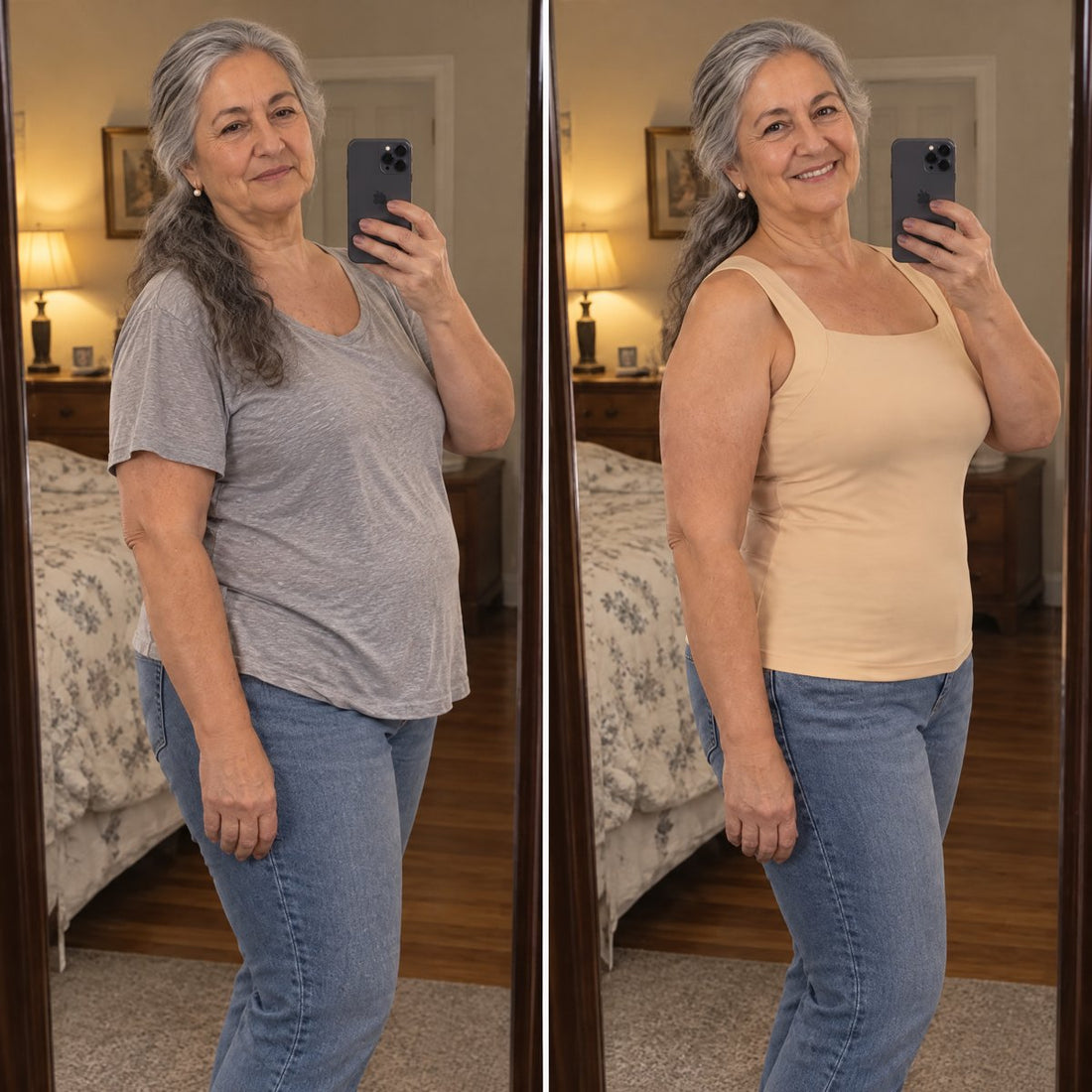 Antes y después: misma mujer, con camiseta y con el top